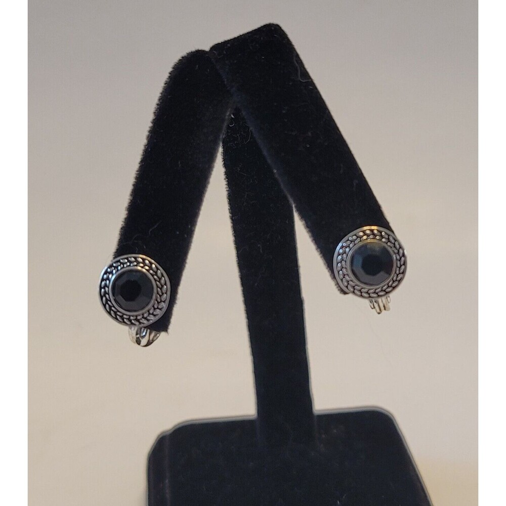 Vtg. NWH Clip-On Round Button Earrings Black Stone Silver Tone Laurel Leaf Trim